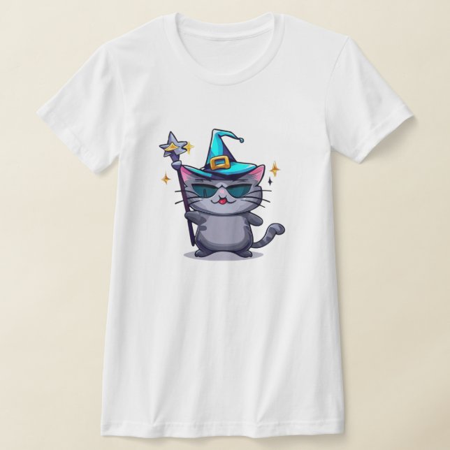 Halloween Witch Cats Holding Magic Wand Stars T-Shirt (Laydown)
