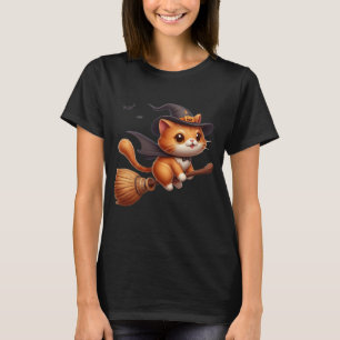 Halloween Witch Cats Riding Broomstick Bats T-Shirt