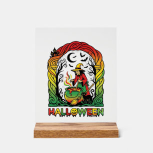 Halloween Witch Cauldron Brewing Black Cat Spooky  Acrylic Sign