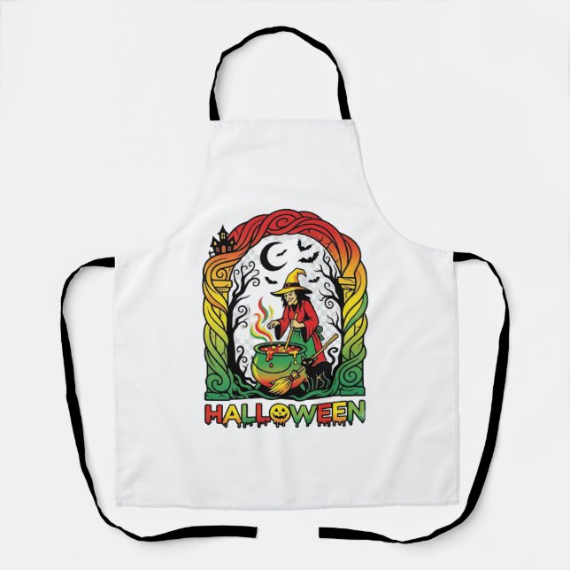 Halloween Witch Cauldron Brewing Black Cat Spooky  Apron (Front)