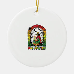 Halloween Witch Cauldron Brewing Black Cat Spooky  Ceramic Ornament
