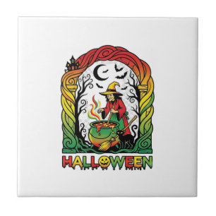 Halloween Witch Cauldron Brewing Black Cat Spooky Ceramic Tile