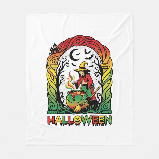 Halloween Witch Cauldron Brewing Black Cat Spooky  Fleece Blanket (Front)