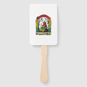 Halloween Witch Cauldron Brewing Black Cat Spooky Hand Fan