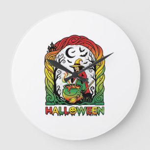 Halloween Witch Cauldron Brewing Black Cat Spooky  Large Clock