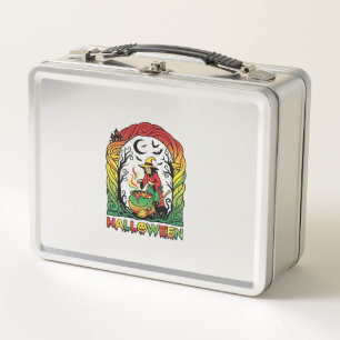 Halloween Witch Cauldron Brewing Black Cat Spooky Metal Lunch Box