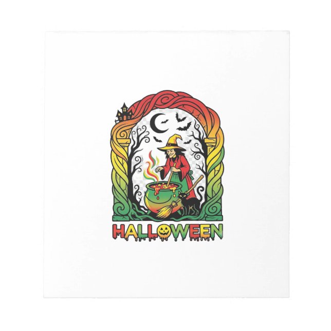 Halloween Witch Cauldron Brewing Black Cat Spooky  Notepad (Front)