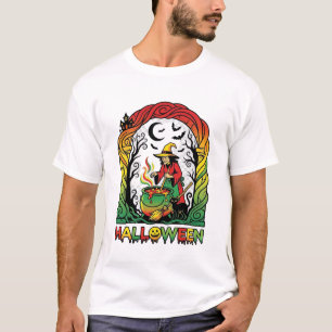 Halloween Witch Cauldron Brewing Black Cat Spooky T-Shirt