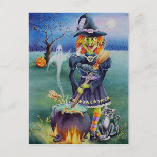 Halloween Witch & Critter Friends Watercolor Art Postcard