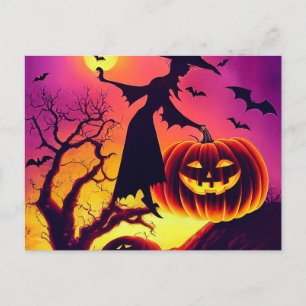 Halloween witch dances with pumpkin in the moonlig postcard