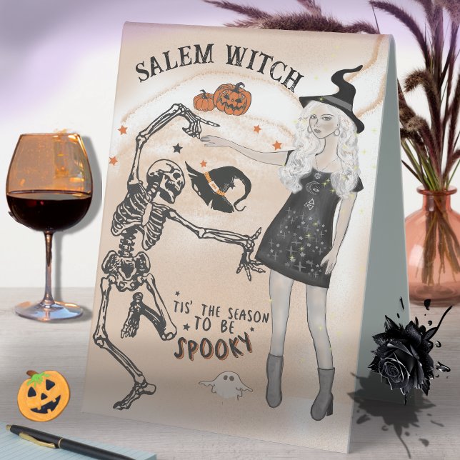 Halloween Witch dancing with Sceleton  (Halloween Witch dancing with Sceleton Table Tent Sign)
