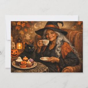 Halloween Witch Drinking Tea with Cupcakes Card