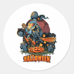 Halloween witch flies with broom pile halloween classic round sticker