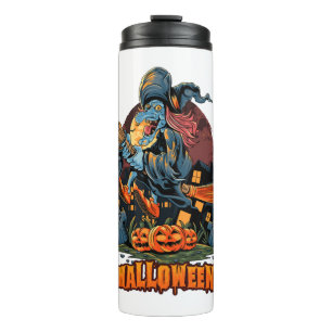 Halloween witch flies with broom pile halloween thermal tumbler