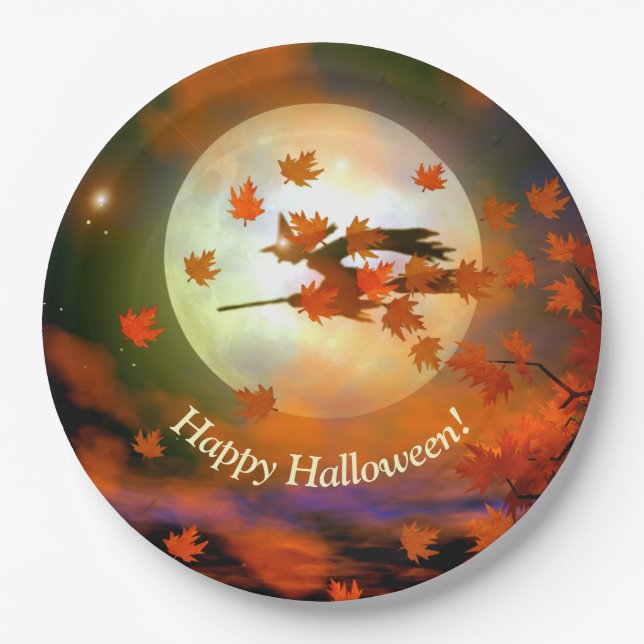 Halloween Witch Flight Paper Plate (Front)