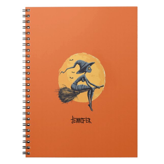 Halloween Witch Fliyng a Broomstick Orange Notebook (Front)