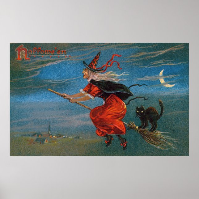 Halloween Witch Flying Black Cat at Night  Poster (Front)