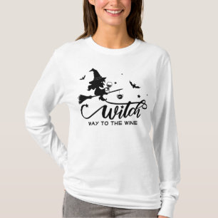 Halloween Witch Flying Broom Wine T-Shirt