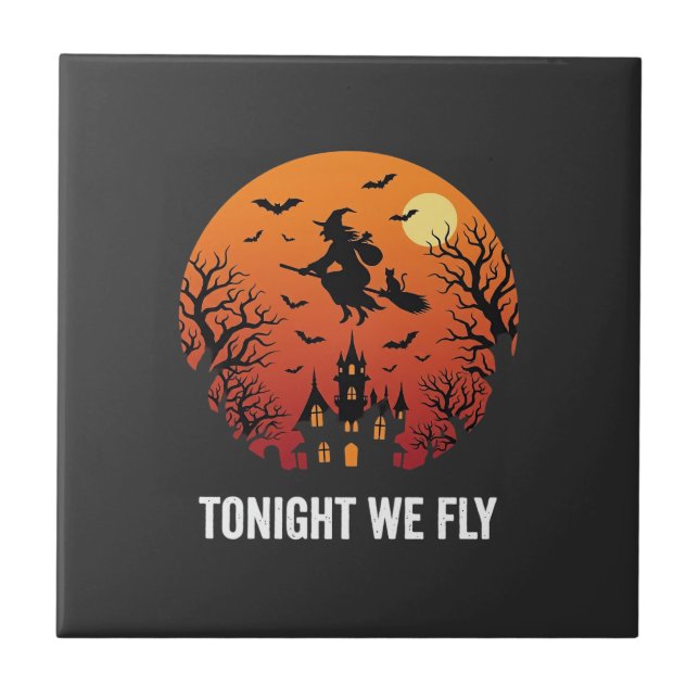Halloween Witch Flying Night Graphic Design_1 Ceramic Tile (Front)