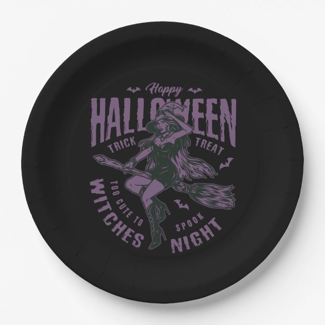 Halloween Witch Flying on Broom Paper Plate – Witc (Front)