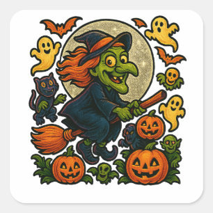 Halloween Witch Flying on Broomstick Square Sticker