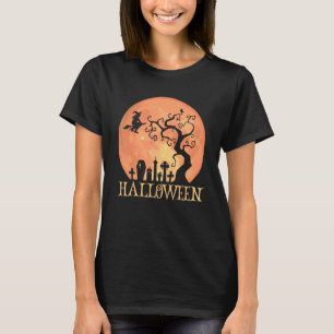 Halloween Witch Flying Over A Moonlit Graveyard T-Shirt