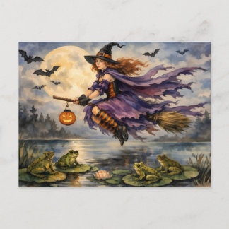 Halloween Witch Flying Over the Pond with Frogs Postcard