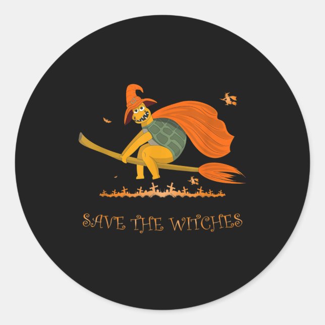 Halloween Witch Flying Turtle Broom Salem Classic Round Sticker (Front)