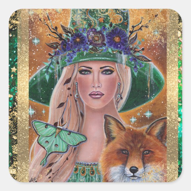 Halloween witch fox art by Renee Lavoie Square Sticker (Front)