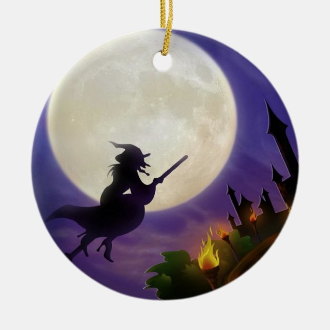 Halloween Witch Full Moon Ceramic Ornament (Front)