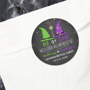 Halloween Witch Gender Reveal Party Classic Round Sticker