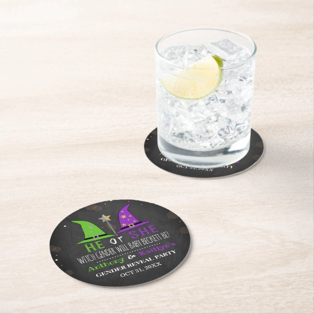 Halloween Witch Gender Reveal Party Round Paper Coaster (Insitu)