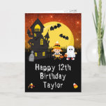 Halloween Witch Ghost Orange Happy Birthday Card<br><div class="desc">This fun and spooky birthday card can be personalised with a name or title, such as daughter, granddaughter, niece, friend etc. It features a cute witch and ghost beside a crooked haunted house. In the background is a full moon with bats and an orange night sky with stars. The text...</div>