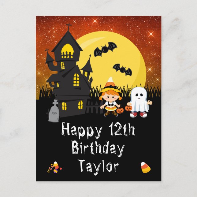 Halloween Witch Ghost Orange Happy Birthday Postcard (Front)