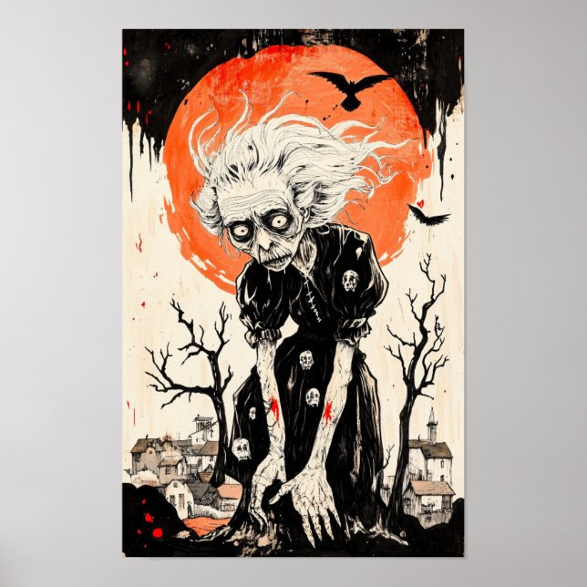 Halloween Witch Ghoul Woodblock-Style  Poster (Front)