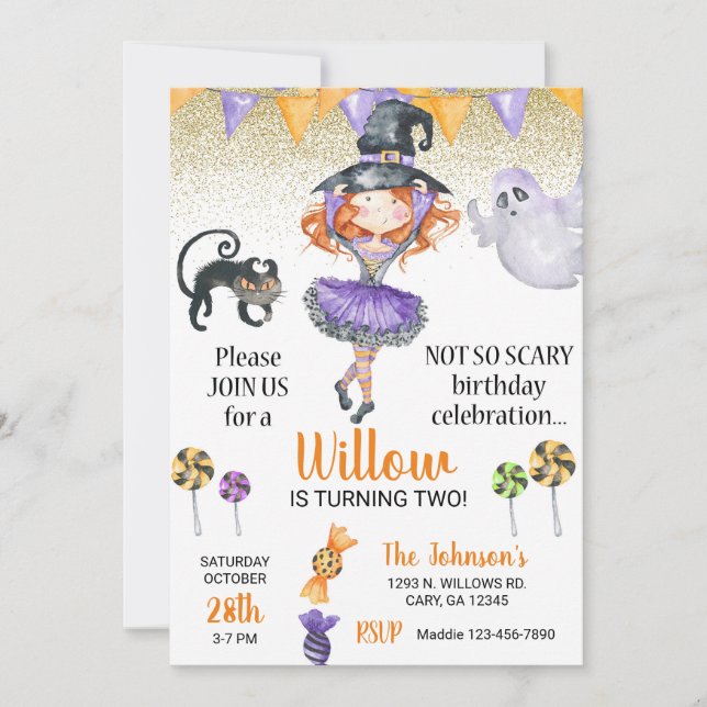 Halloween witch girl birthday invite, any age. invitation (Front)