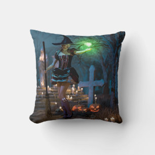 Halloween Witch Girl in the Forest Cushion