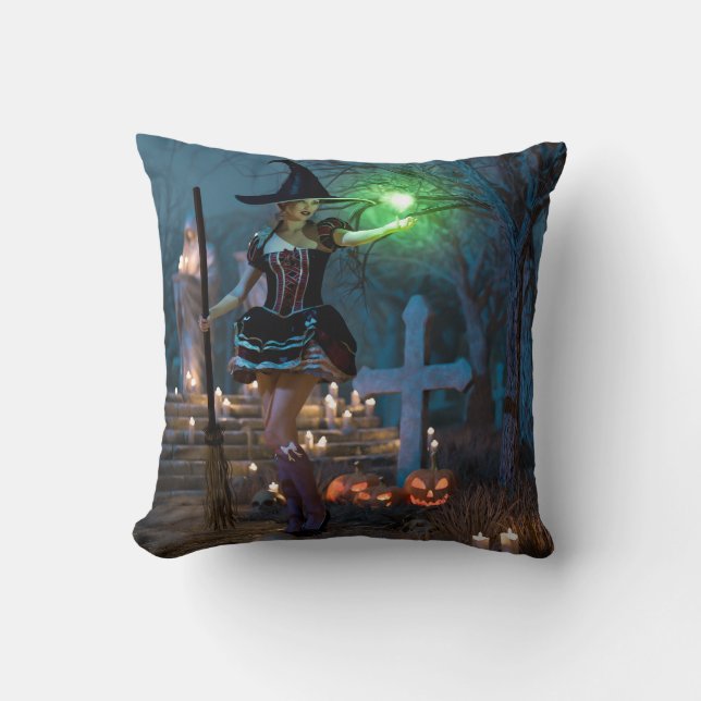 Halloween Witch Girl in the Forest Cushion (Front)