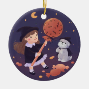 Halloween Witch Girl & Puppy Illustration Ceramic Ornament
