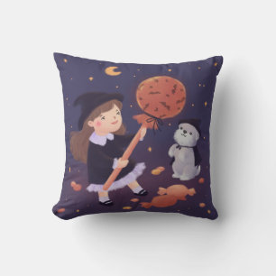 Halloween Witch Girl & Puppy Illustration Cushion