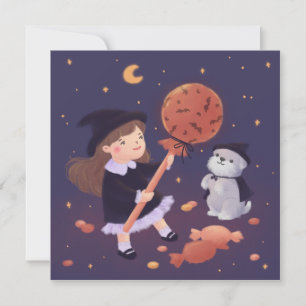 Halloween Witch Girl & Puppy Illustration Invitation