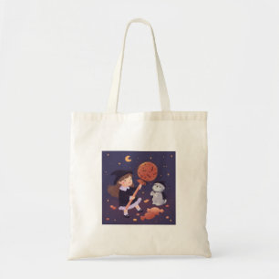 Halloween Witch Girl & Puppy Illustration Tote Bag