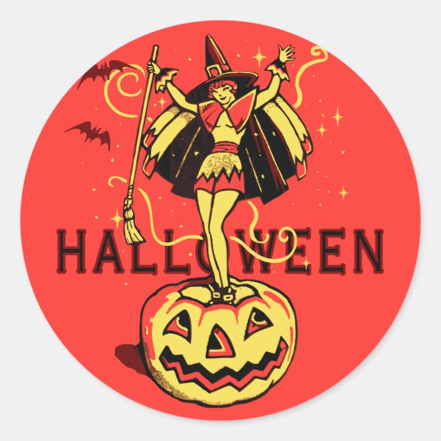 Halloween Witch Girl (vintage) Classic Round Sticker (Front)