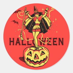 Halloween Witch Girl (vintage) Classic Round Sticker