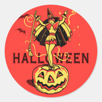Halloween Witch Girl (vintage) Classic Round Sticker