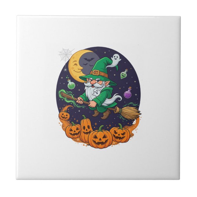 Halloween Witch Gnome Broomstick Pumpkins Moon Ceramic Tile (Front)
