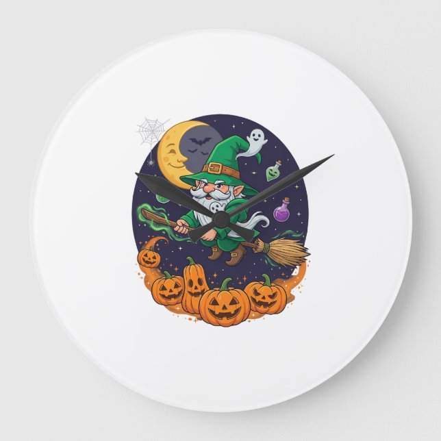Halloween Witch Gnome Broomstick Pumpkins Moon Large Clock (Front)