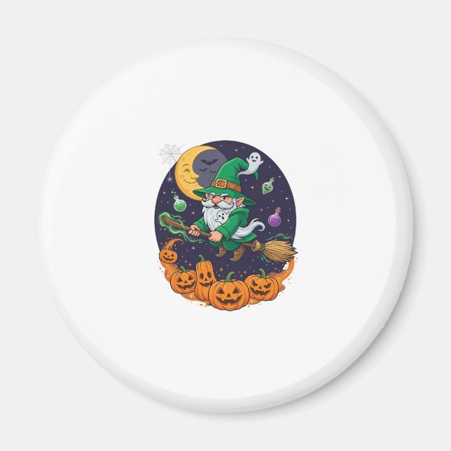 Halloween Witch Gnome Broomstick Pumpkins Moon Magnet (Front)
