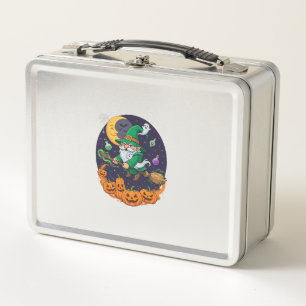 Halloween Witch Gnome Broomstick Pumpkins Moon Metal Lunch Box