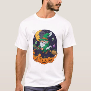 Halloween Witch Gnome Broomstick Pumpkins Moon T-Shirt